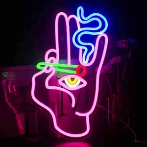 LED Led Sign Smoking Hand Eye Segni personalizzati per Bar Sala giochi Ristorante Decorazione murale Luce al neon USB Acrilico HKD230706