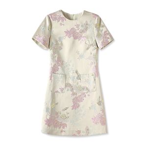 2023 Summer Apricot Floral Print EmbroideryDress Short Sleeve Round Neck Knee-Length Casual Dresses W3L047302