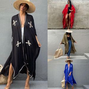 Costumi da bagno da donna Ricamo Boho Vintage Beach Kimono Abbigliamento donna Oversize Beachwear Cover Up Outing Cotton Holiday Long Cardigan 2023