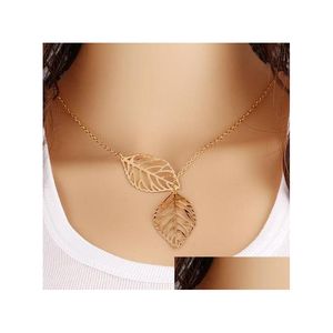 Pendant Necklaces Fashion Simple 2 Pieces Leaves Choker Necklace Women Gold Sier Plated Hollow Charm For Ladies Jewelry Gift Drop De Dh5Nf