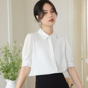 Kadın bluzları Yaz modası kadın bluz 2023 Katı saten kısa kollu zarif minimalist gömlekler ve kadınlar için