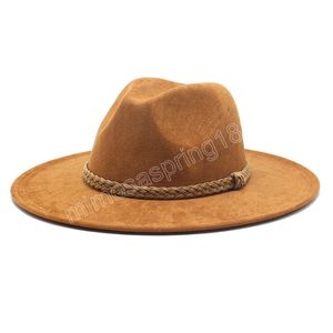 American Style Suede Felt Fedora Hat Vintage Wide Brim Western Cowboy Hat Winter Trilby Jazz Caps