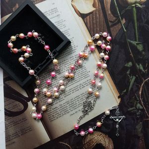 Pendant Necklaces Our Lady Of Fatima Medal Gradient Color Pink Prayer Beads Chain Crucifix Cross Rosary Y-Necklace Chaplet Religious Jewelry