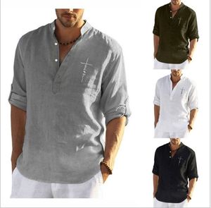 2023 Nya fritidsskjortor för män i bomull och hampa massiv långärmad skjorta löst stående i halsen