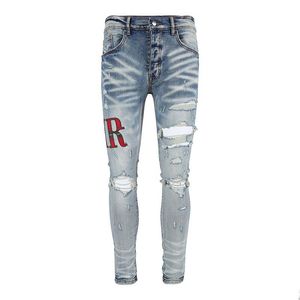 남자 청바지 남성은 오토바이 자전거 타기 오토바이 자전거 타는 사람 Jean Rock Skinny Slim Ripped Hole Letter 최고 품질 브랜드 힙합 Denim Drop Delivery Appare DHifw