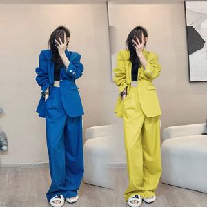 Women's Two Piece Pants Suit Solid Color Long Sleeve One Button Blazer High Waist Wide Leg Hong Kong Style Two-piece Sets Clothing