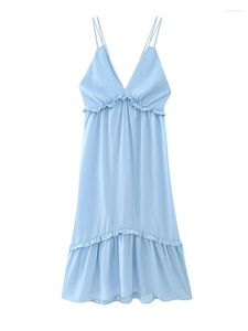 Sukienki na co dzień Kobiety Sexy Backless V Neck Blue Sling Dress Bez rękawów Kobieta Holiday Summer Vestido Midi Robe