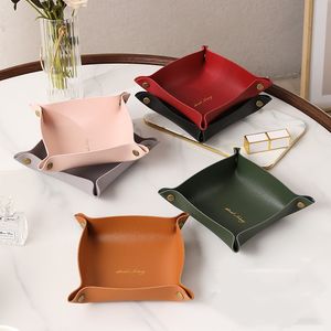 Foldable Storage Box Leather Desktop Storage Tray PU Leather Jewelry Cosmetics Key Storage Box Fruit Tray Office Home Supplies