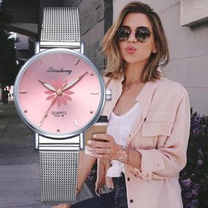 Armbanduhren SMVPUhren für Damen Luxus Silber Rosa Zifferblatt Blumen Metall Damen Armband Quarzuhr Armbanduhr