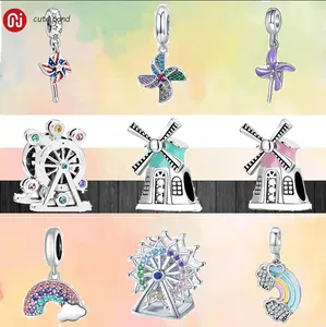 925 Silber Perlen Charms passen Pandora Charm Windmühle Riesenrad Bunter Regenbogen Charm Set Anhänger