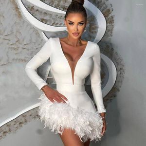 Casual Dresses Feathers Women Sexy V Neck Long Sleeve Feather Black White Mini Bandage Dress 2023 Elegant Evening Club Party