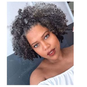 Gray kinky curly salt and pepper black mixed grey human hair wig virgin malaysian hair none lace machine made full natural 130%10-24inch