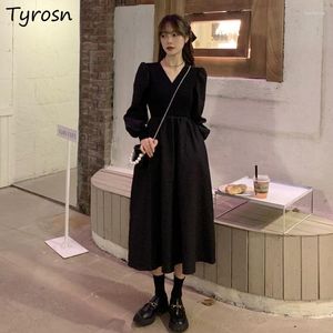 Casual Dresses Dress M-4XL Black Long Lantern Sleeve A Line Mid Calf Spring Autumn Elegant Fashion Vintage French Style Vestidos Streetwear