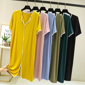 Women's Sleepwear Modal Nightdress Summer Loose Casual Home Wear Long Skirt Plus Size Outer V-neck Pajamas Short-sleeved Dress