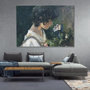 Spanish Canvas Art Italian Girl with Flowers Joaquin Sorolla Y Bastida Painting Handmade Modern Office Decor