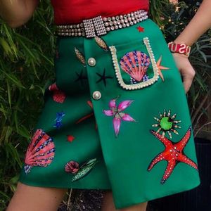 Skirts LD LINDA DELLA Fashion Designer Summer High Waist Mini Skirt Women Gorgeous Beaded Print Short Green Skirts 230705