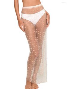 Roupa de banho feminina Cuecas de biquíni de cintura alta com enfeites de strass pérola e painéis de malha transparentes - Elegante para a praia