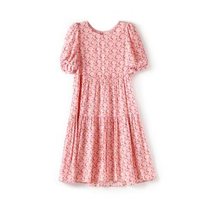 2023 Summer Pink Animal Print Silk Dress Short Sleeve Round Neck Knee-Length Casual Dresses W3L047209