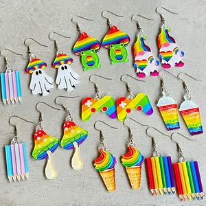 Rainbow Game Machine Mushroom Elf Summer Beverage Colorful Pen Acrylic Fun Earrings