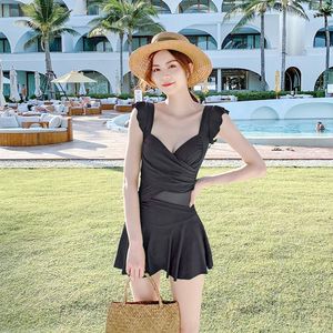 Women's Swimwear 2023 Swimsuit One-piece Solid Color French Conservative Show Thin Steel Support Bra Dress Style