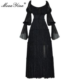 Vestidos casuais básicos Moaayina Fashion Runway Dress Summer feminino Longo Party Dress Dress Square Collar Black Flare Sleeve Elastic Waist Dress 230706