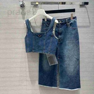 Two Piece Dress Designer 2023 Women's Summer Denim Blue Fashion Women Sexy Skinny Crop Tops Straight Casual High Waist Skirt Matching Set 1ZV4