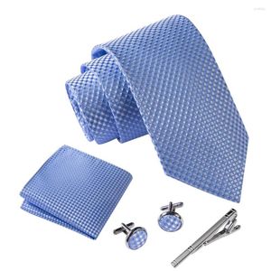 Muszki Drop Men Light Blue Plaid Hombre krawaty zestawy z Hankie metalowe spinki do mankietów zestaw klipsów koszula akcesoria Fit Wedding