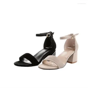 Sandálias femininas elegantes saltos altos com fivela 5 cm camurça frente aberta sapatos para escritório senhora preto bege largo tamanho 43