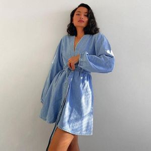 Vestidos Casuais Outono Inverno Decote em V Manga Longa Vestido Denim Moda Elegante Cintura Alta Linha A Estilo Europeu Vestuário Feminino