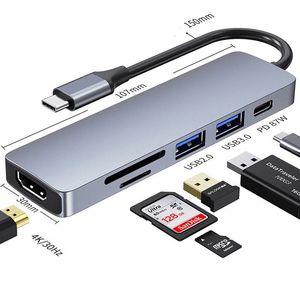6 in 1 Type-C Hub To HDTV Adapter 4K USB Docking Station C Hub With 3.0 TF SD Reader Slot PD for MacBook Pro/Air/Huawei Mate