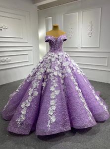 Lilac Lavender Pinrces Quinceanera Dresses Out Shoulder 3D Floral Out Shoulder Espartilho com Cadarço Sweet 15 vestido deputante