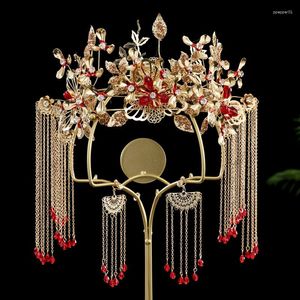 Hårklämmor Kinesiska bröllopstillbehör set för kvinnor Blomkronor Brud Vintage Hanfu Phoenix Crown Bridal Tiara smycken
