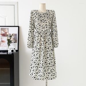 Fritidsklänningar Vår sommar Elegant mode Damklänning Vintage Blomma Lång Puffärmad Chiffong Koreanska Vestidos Kläder