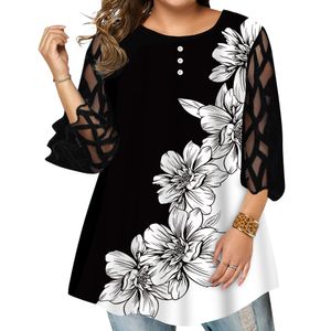 Damen Plus Size T-Shirt 6XL Hemdbluse weiblich SpringTops Oneck Halbarm Spitze Splice Print Boho Mode Curvy Girl Bluse Shirt Tops 230705