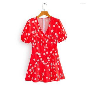 Party Dresses 2023 Women Elegant Cross V Neck Lantern Sleeve Floral Print Red Slim Dress Ladies Chic Country Style Casual Mini Vestidos