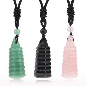 Wholesale Natural Rose Quartz Crystal High Quality Hand Carving Folk Crafts Wenchang Tower Shape Pendant Necklace