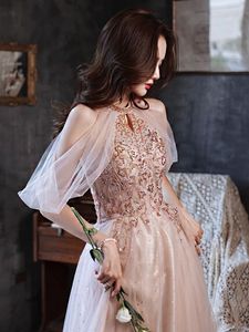 Party Dresses Halter Champagne Pink Prom A-line Zipper O-Neck Sequins Off The Shoulder Beading Formal Evening Bridesmaid Gowns