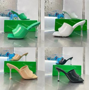 Designer High Heels Stretch Muller Women Sandals Green Heels Leather Square Toe Slippers Stiletto Heel Pumps Summer Sandal Party Transparent Dress Shoe