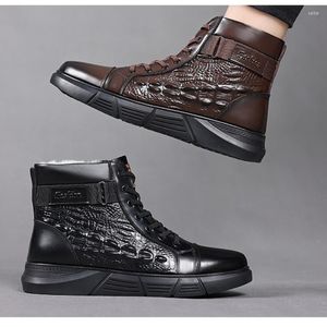 Botas Homens Inverno Crocodilo Estampa Sapatos Algodão Moda Cano Alto Renda Estilo Britânico Juventude Menino Quente Pelúcia Tornozelo Zapatilla Hombre