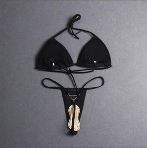 Traje de baño con espalda en T para mujer Bikini Cordón Diseñador de letras Negro Plata Moda Trajes de baño Playa de alta calidad Traje de baño de tres puntos Ropa S-XL