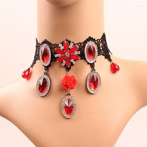 Anhänger Halsketten Kristall Rote Rose Blume Charme Halskette Schwarz Spitze Chokers Für Braut Hochzeit Gothic Schmuck Quaste Link Choker Zubehör