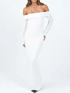 Casual Dresses 2023 Autumn Women Off Shoulder Bodycon Long Dress Sleeve Backless Sexy Maxi White Party Clubwear Robe