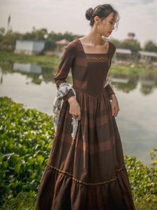 Vestidos casuais primavera outono feminino romântico medieval estilo pradaria vintage fino algodão linho listrado marrom escuro maxi