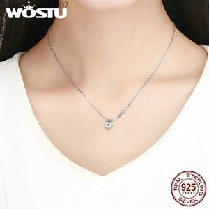 ペンダントネックレスWostu 925スターリングシルバーロックとハート型ペンダントハート型高光沢ネックレス眩しいCZチェーン女性925ジュエリーCQN315 Z230707