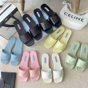 2023 Designer Best Quality Triangle p Slippers Genuine leather slippers muller bottomed flat sandals high heeled women's shoes on the outside T230706