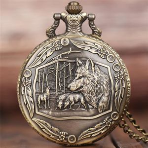 Бронзовая стимпанка Wolf Pocket Watch с ожерельем - Quartz Clock для мужчин Уникальный подарок на животные 2356