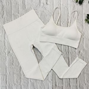 Calças femininas de duas peças sem costura terno de fitness para esportes com nervuras conjuntos de roupas esportivas roupas de ginástica listrada legging conjunto de sutiã roupas esportivas