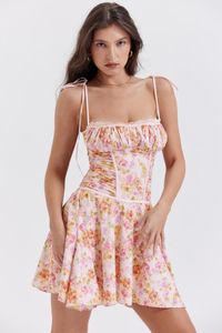 カジュアルドレススナンハート女性サマーファッション甘い花柄のスリムスーパーショートドレスかわいいスクエアカラーシックバックレスストラップ