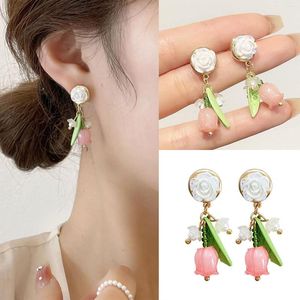 Orecchini a bottone Fashion For Women 2023 Cute Pink Flower Dangle Drop Girls Acrylic Leaf Summer Beach Long