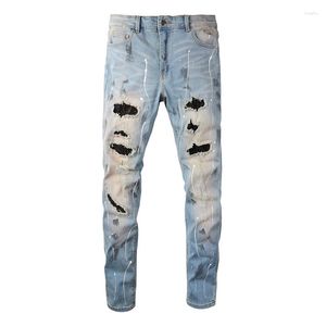 Men's Jeans Distressed Light Blue Streetwear Stretch Skinny Black Rhinestons Destroyed Holes Graffiti High Street Slim Fit Brand